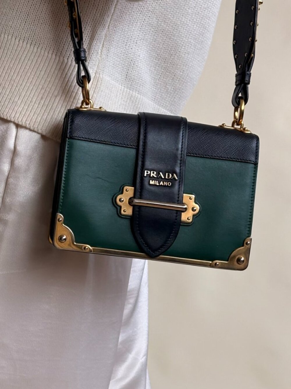 Prada Cahier Bag - Green/Black Leather, Gold Hardware